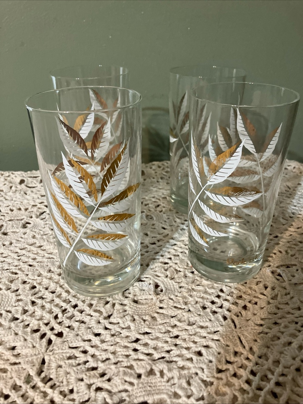 4 Vintage 5.5" Highball Glasses Black Ash Tree White & Gold Leaves 10 oz Barware